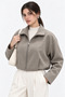 4974 Women's Stand Collar Elastic Waist Zippered Bomber Jacket Sand Beige - 3