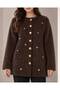 Women's Crew Neck Pearl and Stone Embellished Copper Buttoned Long Sleeve Fuzzy Embroidered Knitwear Tunic Jacket - 3