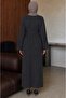Women's Comfortable Cut Wide Sleeve Belted Ribbed Textured Hijab Dress - 2