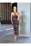 Women's Camel-Black Patterned Strapless Crop Top and Midi Tulle Skirt Set Yel221547 - 8