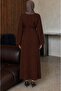 Women's Comfortable Cut Wide Sleeve Belted Ribbed Textured Hijab Dress - 3
