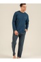 Men'S, 100% Cotton, Crew Neck, Pocket Detail, Navy Blue Long Sleeve Pajama Set - 5