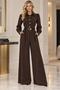 Women's Brown Balloon Sleeve Belted Shirt Collar Crepe Fabric Jumpsuit Nbk5006