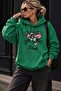 Green Color 2 Thread Printed Sweatshirt with Kangaroo Pocket - 2