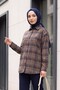 Plaid Patterned Oval Cut Oversize Shirt - Mink