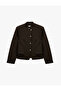 Button Detailed Mandarin Collar Pocketed Striped Blazer Jacket with Metal Accessories - 5