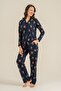 Women'S, Winter Bear Patterned, 100% Cotton, Navy Blue, Shirt Collar Pajama Set