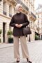 Striped Buttoned Oval Cut Linen Look Shirt - Dark Brown - 4