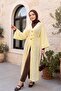 Wide Sleeve Lace-Up Brooched Jacquard Long Kimono -Yellow