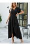 Women's Short Sleeve Double Breasted Collar Front Flounced Cross Cut Detailed Maxi Length Imported Crepe Dress - 4