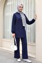 Hooded, Half-Buttoned, Elastic-Sleeved, Pocketed Pants Set - Dark Blue - 3