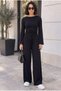 Black Women's Spanish Sleeve Boat Neck Side Gathered Long Sleeve Blouse Buzzy Shiny Soft Medium Thick Fabric - 2