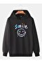 Unisex Black 3 Thread Threaded Oversize Hooded Sweatshirt Basic Comfortable Cut