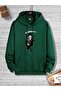 Unisex Green 3 Thread Threaded Oversize Hooded Sweatshirt Basic Comfortable Cut