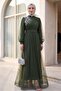 Stone Detailed Draped Belted Tulle Evening Dress -Khaki - 4