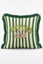 Retro Striped Matcha Club Fringed Cushion Cover with Typography Design
