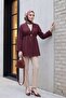 Elastic Waist, Folded Sleeves, Single Button Crepe Kimono - Plum - 4