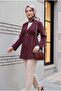 Elastic Waist, Folded Sleeves, Single Button Crepe Kimono - Plum - 2