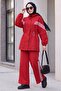 High Collar Striped Suit with Elastic Sleeves and Waist, Zipper Closure - Red - 4