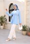 Elastic Waist, Folded Sleeves, Single Button Crepe Kimono - Baby Blue - 3