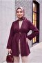 Elastic Waist, Folded Sleeves, Single Button Crepe Kimono - Plum - 5