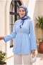 Elastic Waist, Folded Sleeves, Single Button Crepe Kimono - Baby Blue - 4