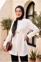 Elastic Waist, Folded Sleeves, Single Button Crepe Kimono - White - 3