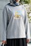 Crew Neck Front Printed Loose Combed Cotton Sweatshirt - Gray