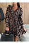 Women's Long Sleeve Double Breasted Collared Waist Tie Short Leopard Print Modal Dress