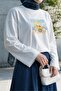 Crew Neck Front Printed Loose Combed Cotton Sweatshirt -White - 4