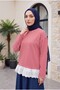 Scalloped Skirt, Crew Neck, Striped Combed Cotton Sweatshirt -Red - 3