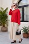 Floral Embroidery Round Neck Casual Combed Cotton Blouse -Red - 4