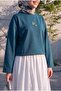 Floral Embroidery Round Neck Loose Combed Cotton Blouse -Petrol - 4