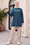 Daisy Embroidered Round Neck Combed Cotton Tunic -Petrol - 4
