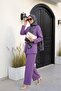 Single Button Pocket Detailed Double Breasted Collar Crepe Suit with Trousers -Lilac - 3