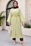 Brooch Detailed Embossed Polka Dot Patterned Jacquard Kimono with Slits on the Sides - Green - 4