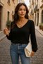 Women's long sleeve v neck window back lace detailed thick ribbed camisole blouse - 2