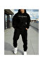 Printed Unisex Top and Bottom Black Tracksuit Set Oversize Hooded