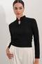 Women's Long Sleeve Stand Collar Blouse 40043 - Black - 4