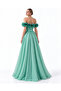 Green Floral Detailed Off-Shoulder Slit Long Evening Dress - 4