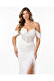 Off-The-Shoulder Corseted Long Evening Dress with Feather Detail and Slit - 3