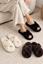 Women's Black - Cream - Bitter Brown Cross-Strapped Furry 3-Piece House Slipper Set Byndcap01 - 4