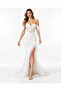 Off-The-Shoulder Corseted Long Evening Dress with Feather Detail and Slit - 5