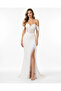 Off-The-Shoulder Corseted Long Evening Dress with Feather Detail and Slit