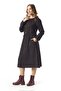 Long Sleeve Sibel Flannel Shawl Patterned Waist Gathered Winter Midi Length Dress with Pockets Black Syh - 4