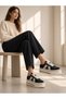 Women's Black Suede Leather Platform Sneaker – Cream Double Stripe, Thick Sole - 2