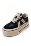 Women's Black Suede Leather Platform Sneaker – Cream Double Stripe, Thick Sole - 8