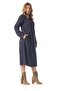 Long Sleeve Sibel Flannel Shawl Patterned Waist Gathered Winter Midi Length Dress with Pockets Navy Blue Lcvt - 4