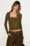 Nerano Women's Lace Front Buttoned Long Sleeve Khaki Blouse - 2