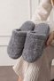 Plampi Gray Stripe Detailed Plush Women's Winter House Slippers - 4
